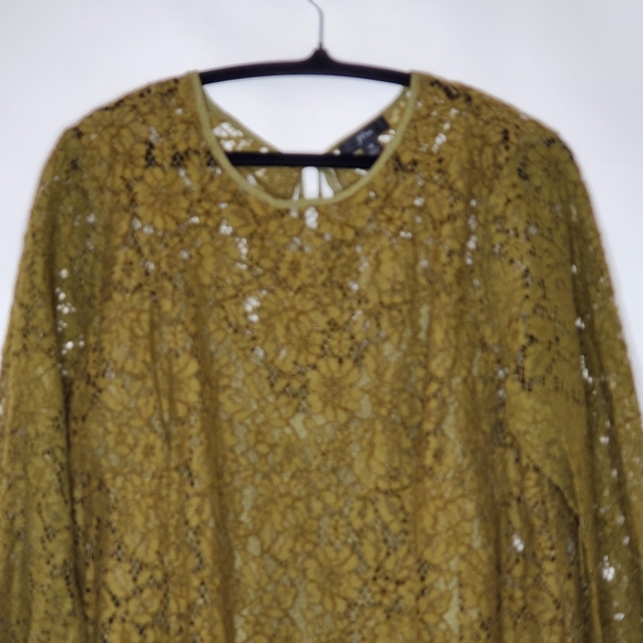 J. Crew Lace Top with Cami Size 18 Fringe Trim Long Sleeve Green Blouse Moody - Picture 2 of 15